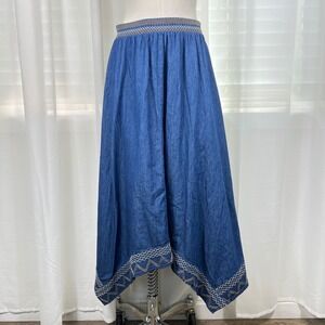 Western Boho Indigo Cotton Denim Maxi Skirt Embroidered Hem Handkerchief Women S